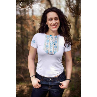 Embroidered t-shirt "Lace - Blue/Yellow on White" maxi embroidery